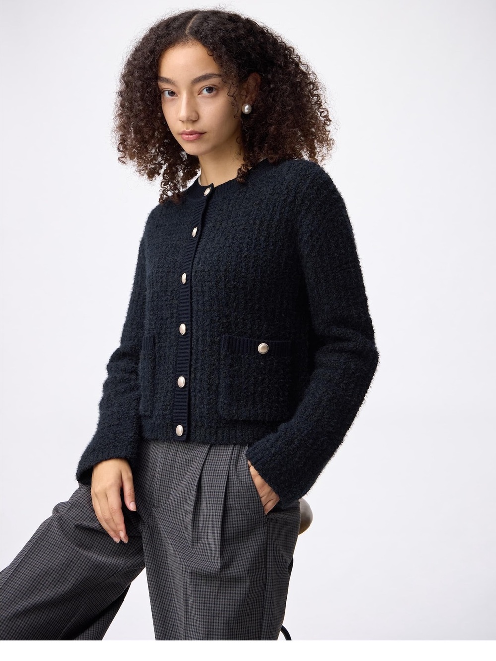 NWT GU Classic Dark Navy Bouclé Button-Front Cardigan